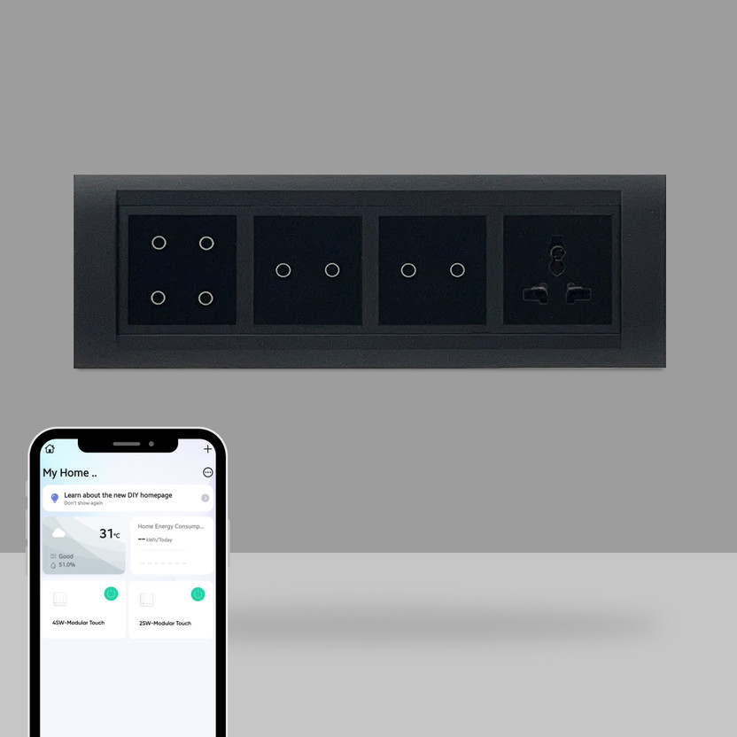 AZIOT 8 Module Switch Board Plate | Smart 4 Touch, Two 2 Touch SW & 1 Socket Smart Switch(Black)