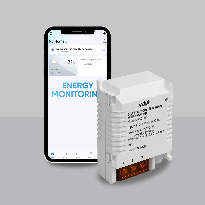 AZIOT 30A WiFi + BLE Smart Breaker | Energy Metering | Alexa & | Made in India Smart Switch(White)
