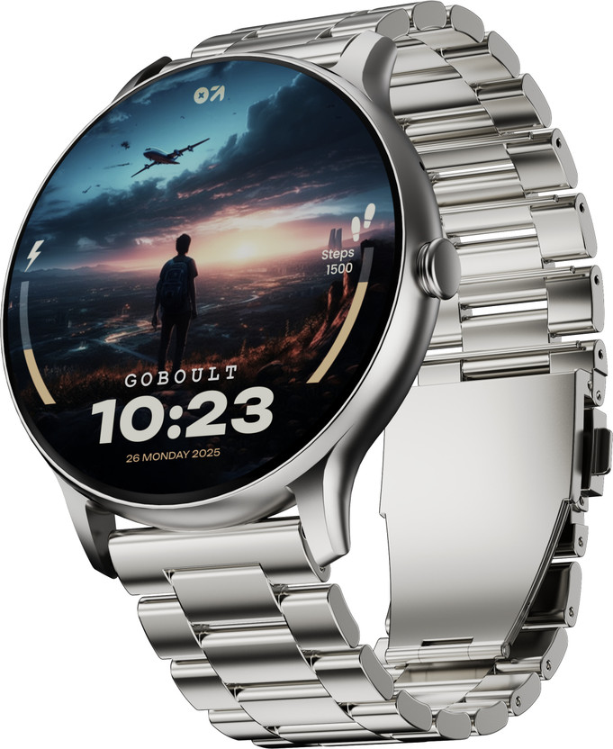 GOBOULT Dire 1.38'' 2.5D HD Display, 500Nits Brightness, 250+ Watch Faces Smartwatch(Silver Strap, Free Size)