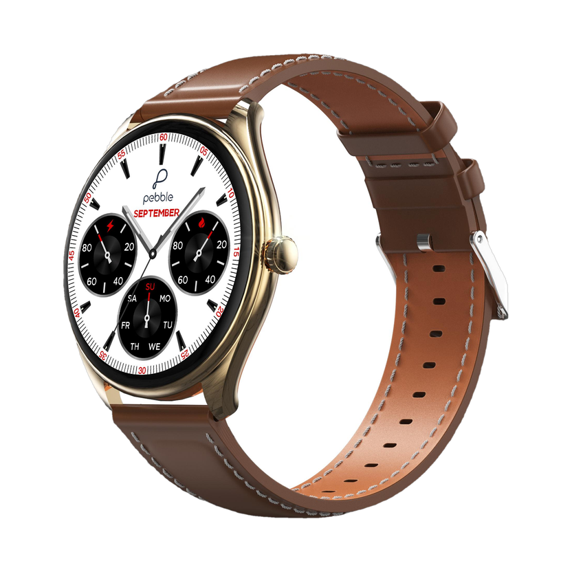 Pebble Royale Legend Slimmest Design,1.43''Amoled Display, BT Calling, Premium Built Smartwatch(WHISKEY BROWN Strap, Free Size)