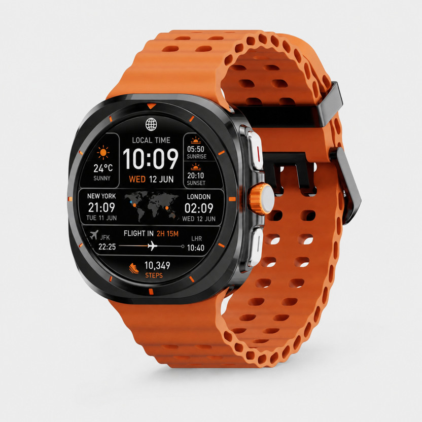 Trendz AeroX ChronoPlusX AMOLED BT Calling Smart Watch IPX5 120 Sport Health Mode 200 Face Smartwatch(Fritt Orange Strap, Free Size)