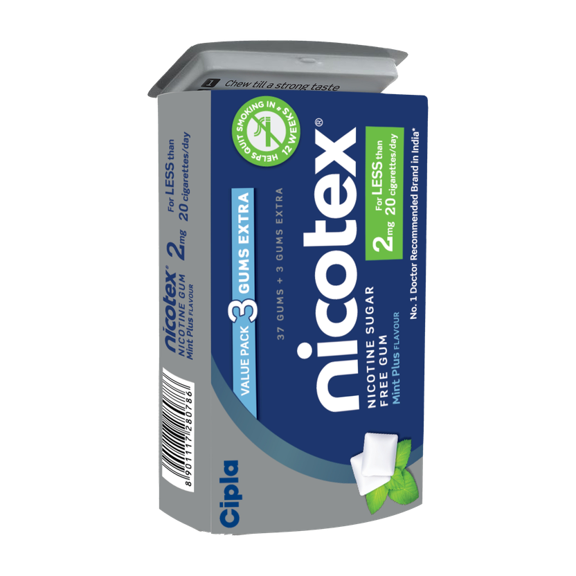 Cipla Nicotex Nicotine Sugar Free Mint Plus Gums 2mg | 40 Gums each Tin | Smoking Cessations(Pack of 1)