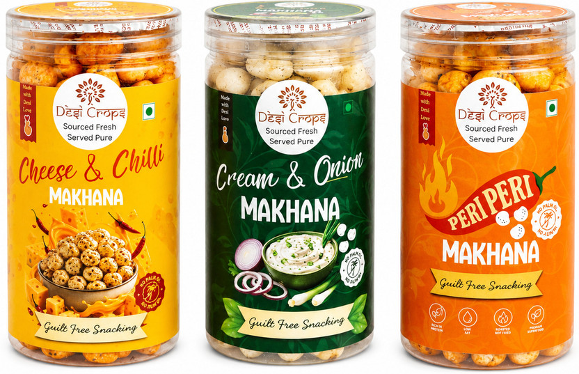 Desi Crops Flavoured Makhana Range – Cheese & Chilli, Cream & Onion & Peri Peri Roasted Makhana(3 x 80 g)