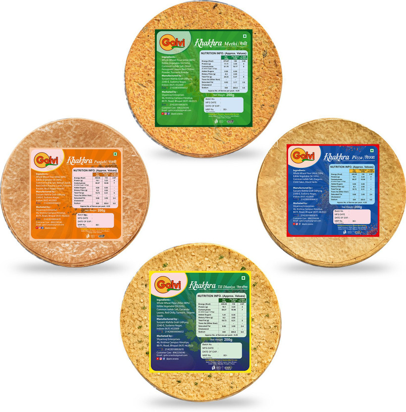 Golvi Khakhra Combo 800g 4 Flavours Till Dhaniya ,Punjabi, Pizza , Methi Khakra Khakhra(4 x 0.2 kg)