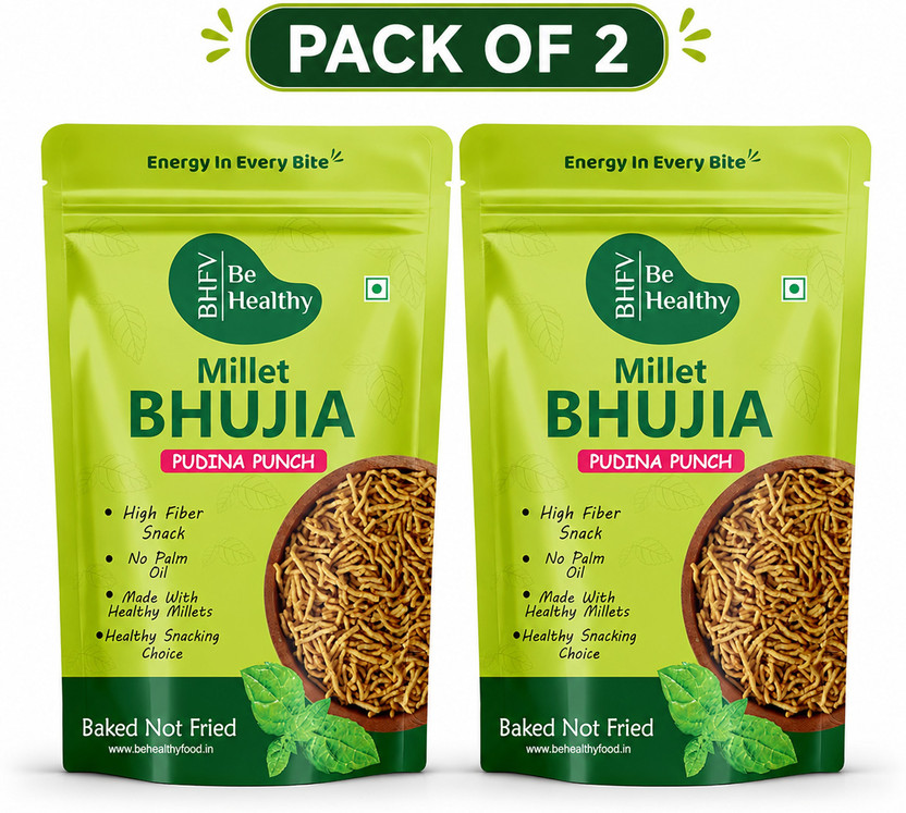 BHFV Be Healthy Millet Bhujia Pudina Punch | No Palm Oil High Fiber Healthy Snack Bhujia Sev(2 x 100 g)