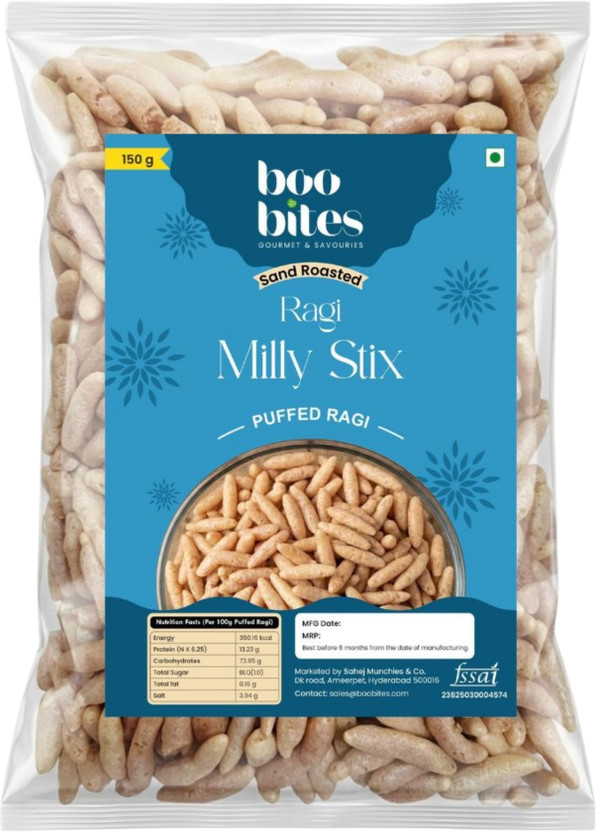 Boo Bites Gourmet & Savouries Boo Bites Ragi Milly Stix 150g | Puffed Ragi Snack | Gluten Free Millet Sticks Bhel(150 g)