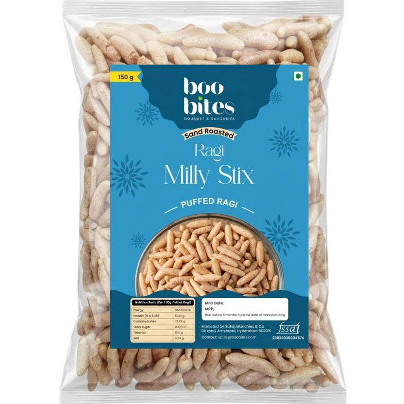 Boo Bites Gourmet & Savouries Boo Bites Ragi Milly Stix 150g | Puffed Ragi Snack | Gluten Free Millet Sticks Bhel(150 g)