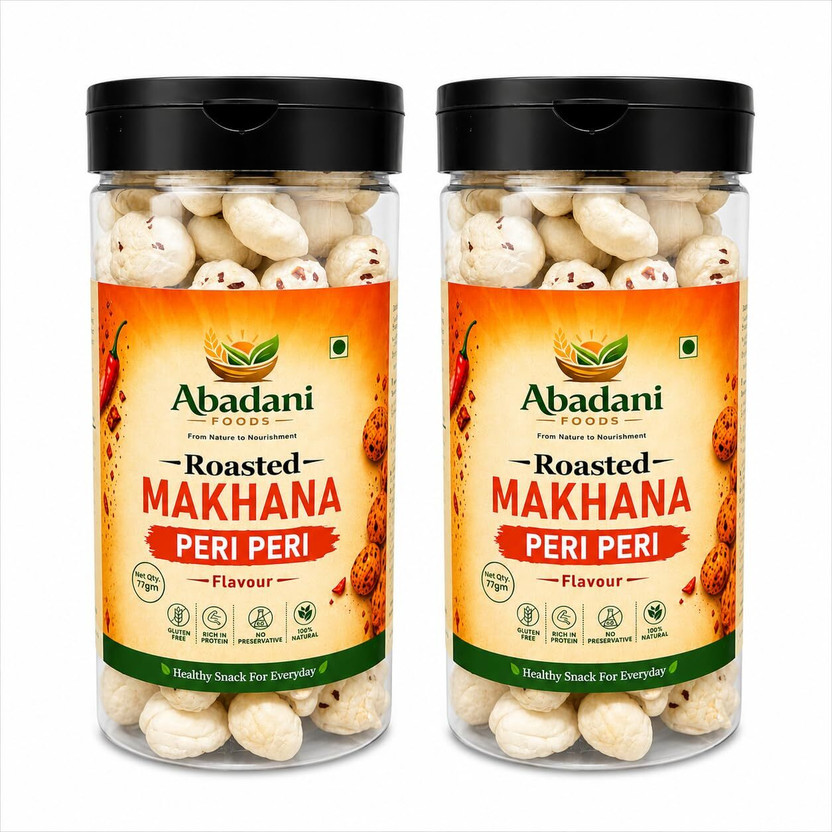 Abadani Foods Roasted Makhana| Crunchy Healthy Snack | High Protein| Peri Peri Flavour| Makhana Roasted in Rice Bran Oil(2 x 77 g)