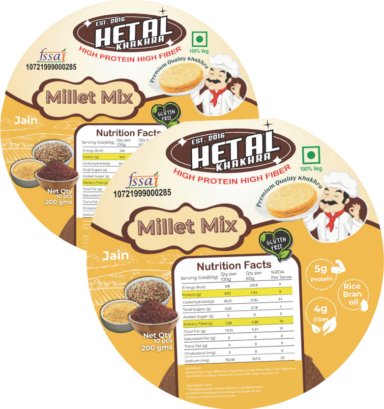 Hetal Khakhra Milets Khakhra JAIN | Glutan Free | Crispy| Ready To Eat High Protein High Fiber Khakhra(2 x 200 g)