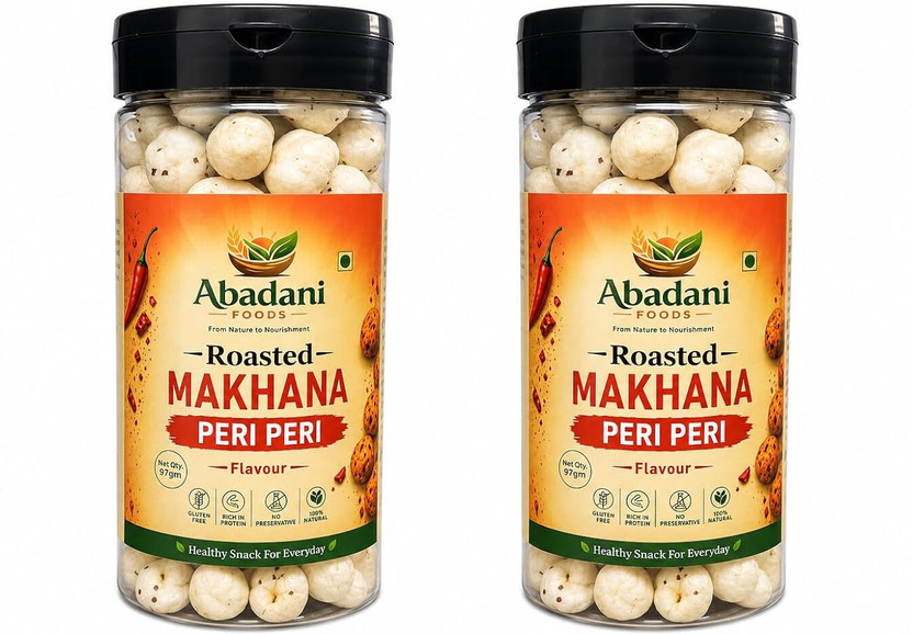 Abadani Foods Roasted Makhana | Crunchy Healthy Snack | High Protein | Peri Peri Flavour | Makhana Roasted in Rice Bran Oil(2 x 97 g)