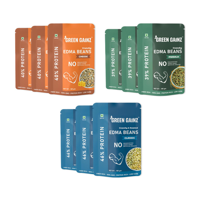 Green Gainz Roasted Edamame (Sea Salt, Masala,Cheese)| 100% Veg High Protein Snack Beans (Salted/Roasted)(9 x 100 g)