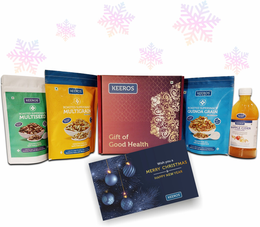 Apple Keeros Healthy Gift Hamper with Card for Christmas & New Year :Combo of Sweet & Salted, Tasty & Nutritious Roasted Super Snacks & Health Drink in Premium Gift Box|Combo of 3 Super Snacks & Apple Cider Namkeen(4 x 300) - Flipkart Deal