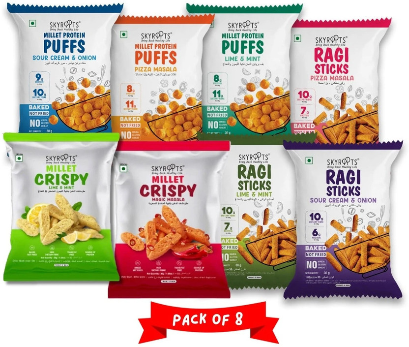 SKYROOTS SKYROOTS Millet Protein Puffs & Ragi Sticks | High Protein, Gluten-Free | Pack of 8 Ragi Crackers(8 x 0.03 kg) - Flipkart Deal
