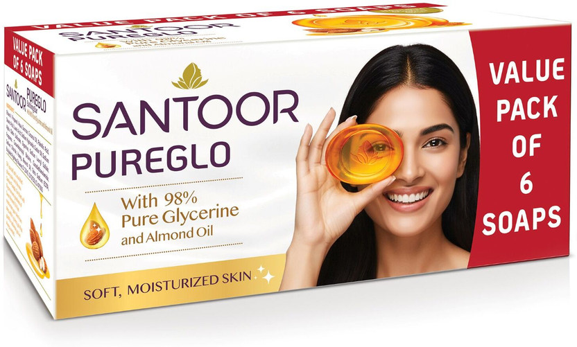 Santoor PureGlo Glycerine Bathing Bar Soap with Almond Oil for Nourished & Glowing Skin(6 x 125 g)