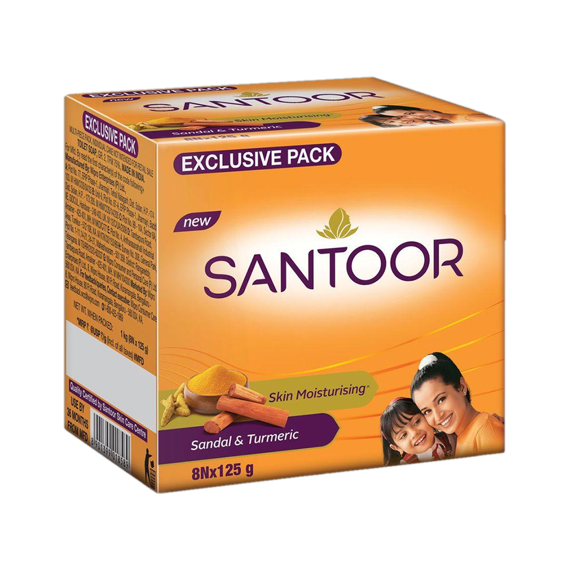 Santoor Skin Moisturizing Sandal and Turmeric Bathing Bar Soap For Soft & Youthful Skin.(8 x 125 g)