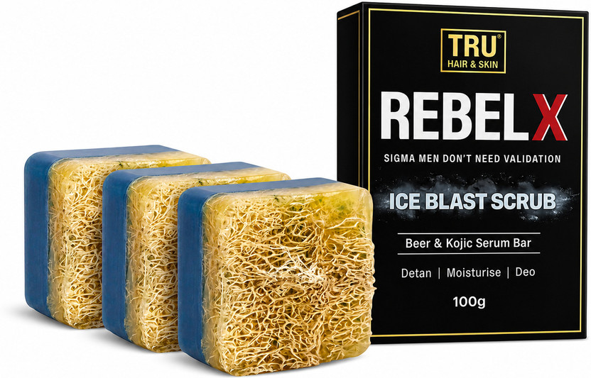 TRU HAIR RebelX DeTan Woody Fragrance Kojic Acid | Menthol | Natural Loofah |Soap 100g(3 x 100 g)