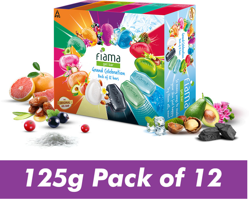 FIAMA Gel Bathing Bar Grand Celebration Pack with 12 Unique Gel Bars, Moisturized Skin(12 x 125 g)