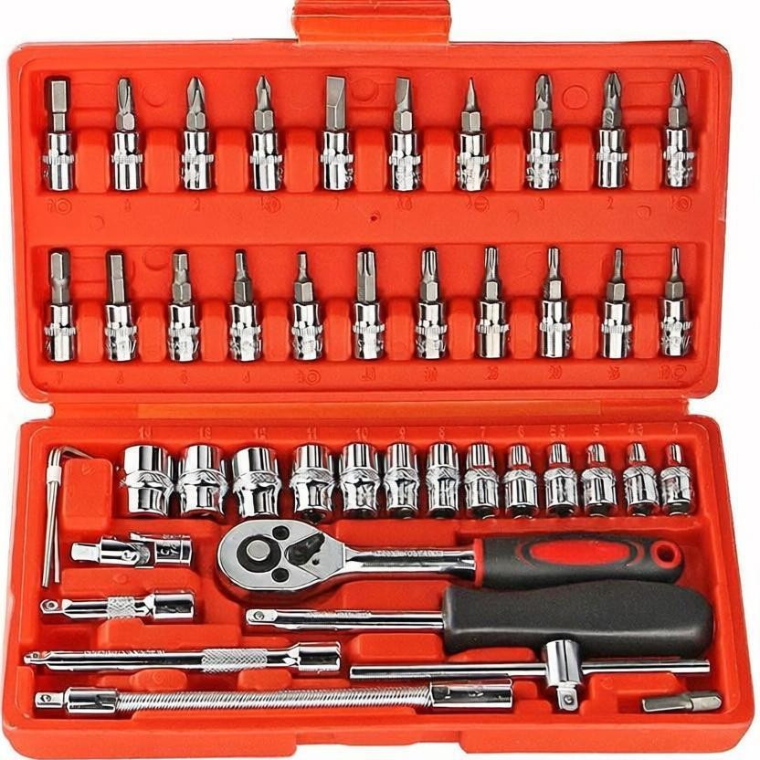 ATOOLS 46Pcs 1/4"inch Ratchet Socket Spannar Set with Extension Rod and Carry Box for Automobiles/Bike/Car Repair Tools Kit Vehicle Tool Kit