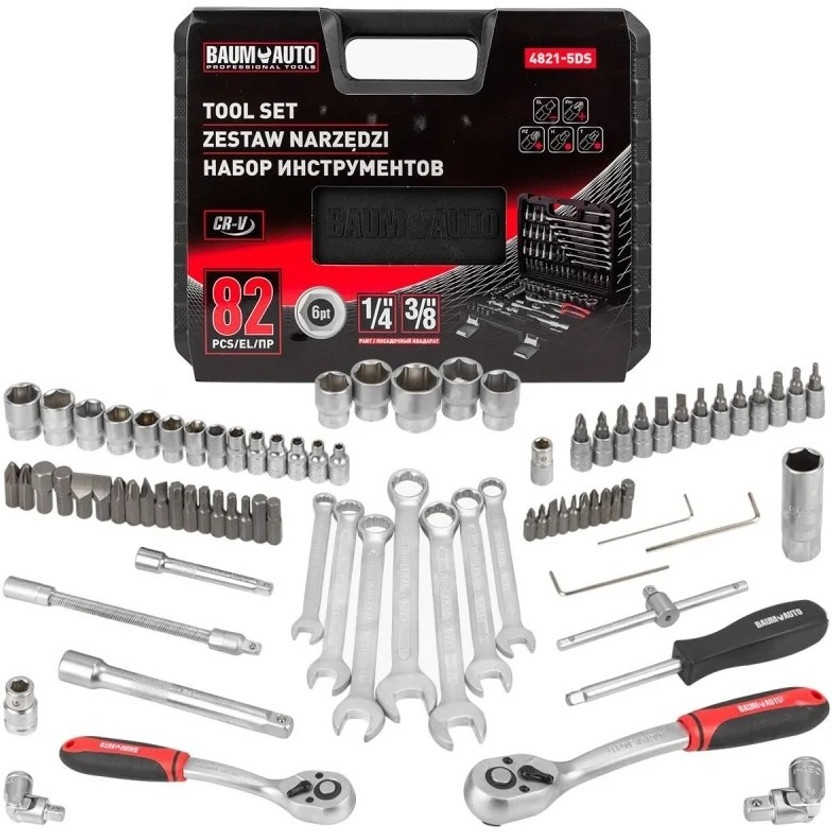 BAUM AUTO 82 Pcs Socket Set 1/4 & 3/8 Drive CR-V Steel Tool Kit with Case Socket Set(Pack of 82)