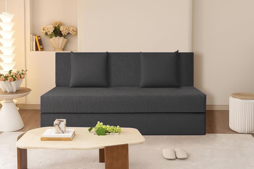 WAKESURE GO Premium Quality Jute Fabric Lightweight Easy 2 Seater Single Foam Fold Out Sofa Cum Bed(Finish Color - Dark Grey Delivery Condition - Pre-assembled)