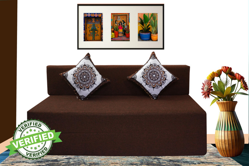 Little Smile 4X6 size for 2 Person-Jute Fabric Washable Cover 2 Seater Double Foam Fold Out Sofa Cum Bed(Finish Color - Brown Delivery Condition - Pre-assembled)