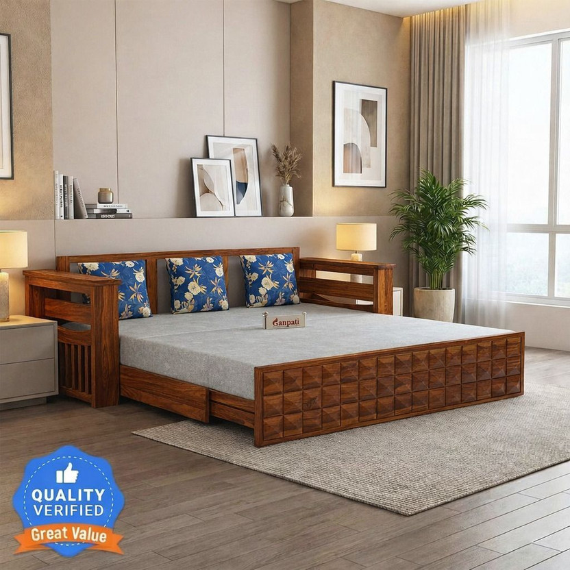 Ganpati Arts Sheesham Wood Oslo with Headboard & Mini Storage for Home 3 Seater Single Solid Wood Pull Out Sofa Cum Bed(Finish Color - Natural_Oslo Delivery Condition - DIY(Do-It-Yourself))