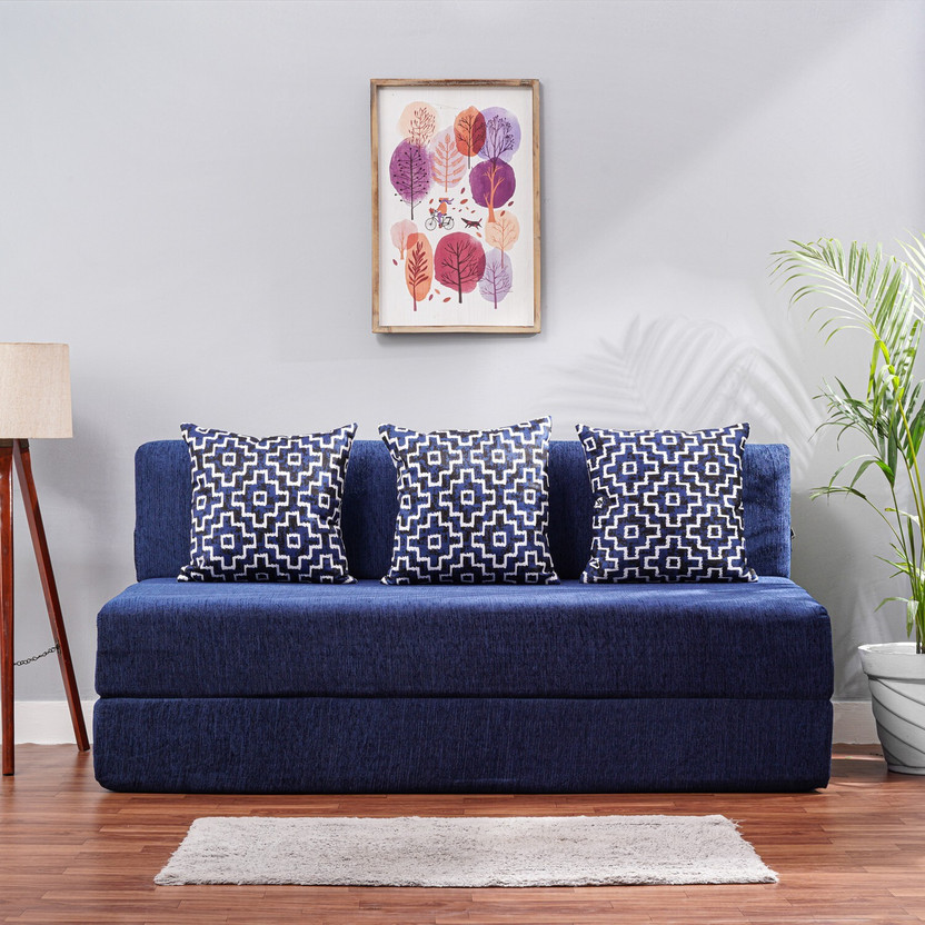 Solis Solis Primus-comfort for all 3 Seater Double Foam Fold Out Sofa Cum Bed(Finish Color - Chenille Navy Blue with 3 Multi Square Cushion Delivery Condition - Pre-assembled) - Flipkart Deal