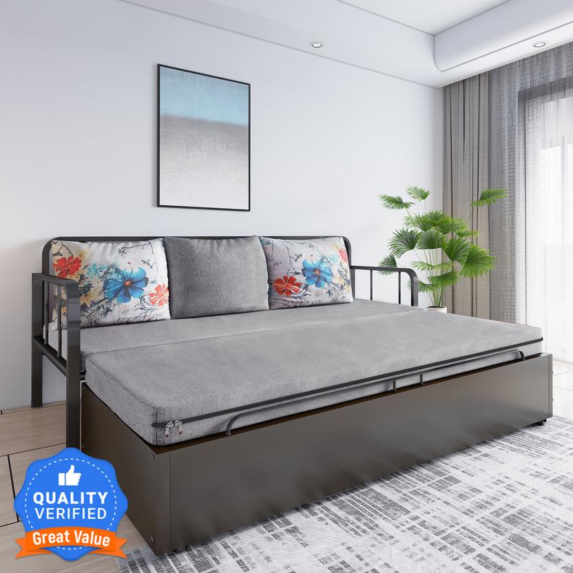 Flipkart Perfect Homes Studio With Storage 3 Seater Double Metal Pull Out Sofa Cum Bed(Finish Color - Light Grey With Printed Cushion Delivery Condition - Knock Down)