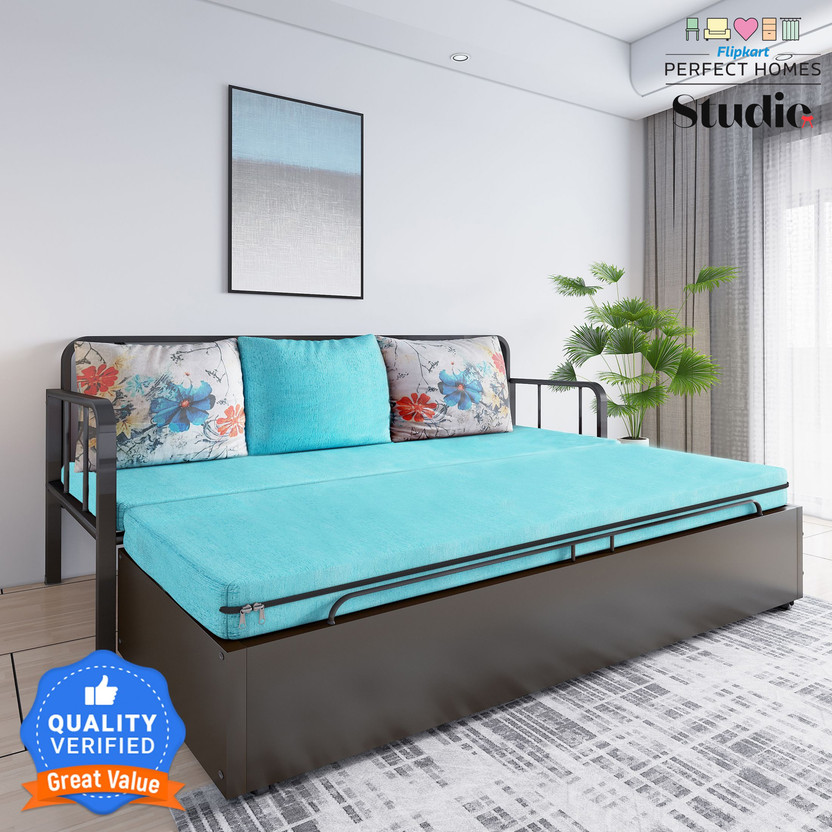 Flipkart Perfect Homes Studio With Storage 3 Seater Double Metal Pull Out Sofa Cum Bed(Finish Color - Blue with Printed Cushion SIB Delivery Condition - Knock Down)