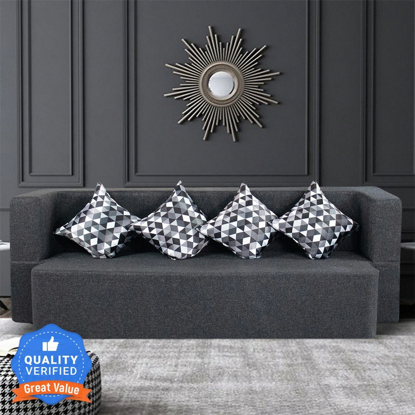 Seventh Heaven 4 Seater Sofa cum Bed 78x44x14 inch Jute Fabric with 4 Cushions 4 Seater Double Foam Pull Out Sofa Cum Bed(Finish Color - Grey Delivery Condition - Pre-assembled)