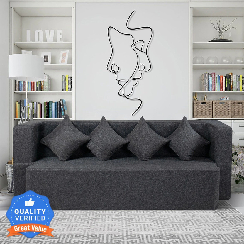 Seventh Heaven 4 Seater Sofa cum Bed 78x44x14 inch Jute Fabric with 4 Cushions 4 Seater Double Foam Fold Out Sofa Cum Bed(Finish Color - Grey Delivery Condition - Pre-assembled)