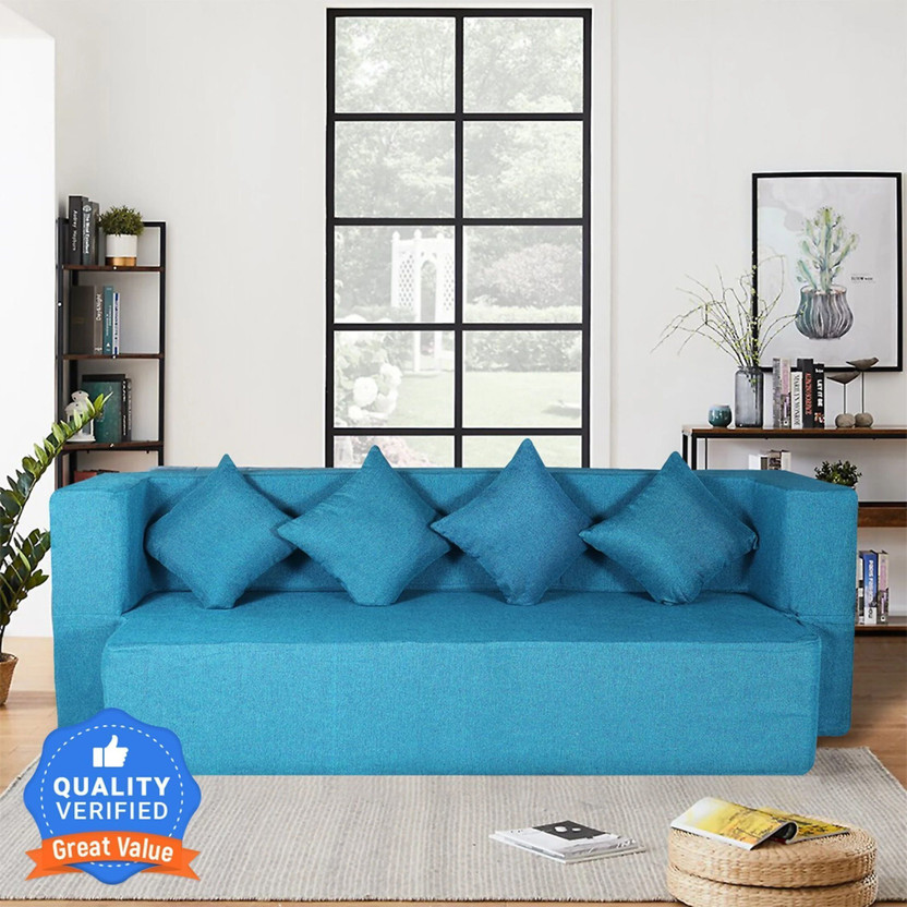 Seventh Heaven 78x36x14 inch Jute Fabric with 4 Cushions 4 Seater Single Foam Fold Out Sofa Cum Bed(Finish Color - Blue Delivery Condition - Pre-assembled)