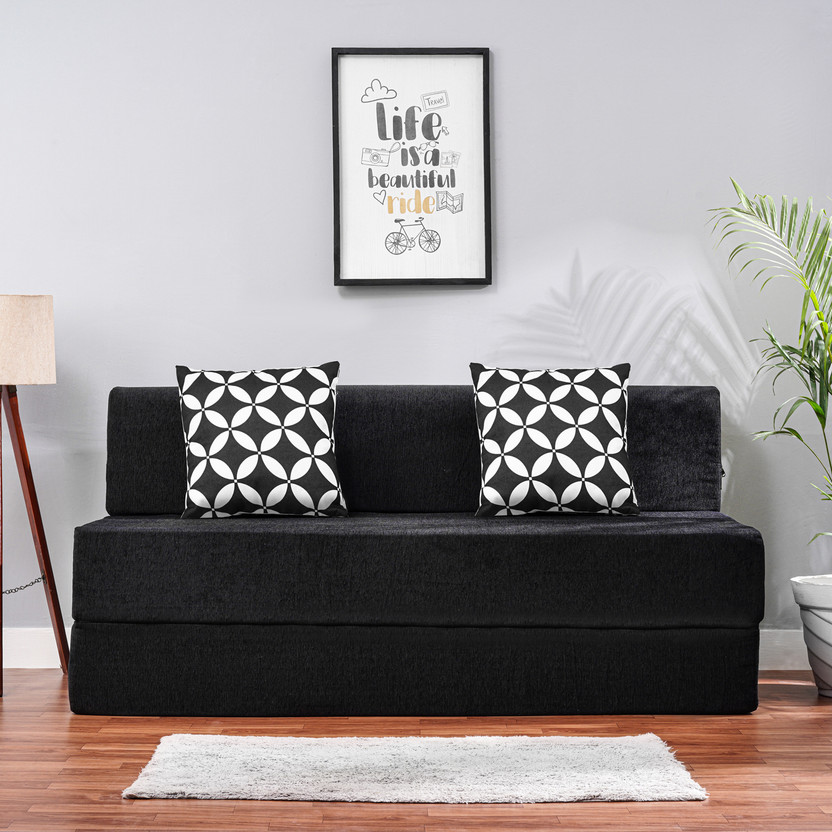 Solis Primus-comfort for all 5X6 size Sofa cum Bed for 3 Person- 3 Seater Moshi Fabric Washable Cover with 2 Cushions(Multi Star Pattern) - Black 3 Seater Double Foam Fold Out Sofa Cum Bed(Finish Color - Moshi Black Delivery Condition - Pre-assembled)
