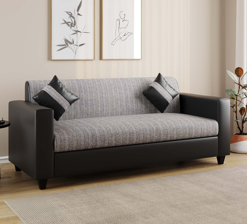 Flipkart Perfect Homes Crete Leatherette and Fabric 3 Seater  Sofa(Finish Color - Black & Grey, DIY(Do-It-Yourself))