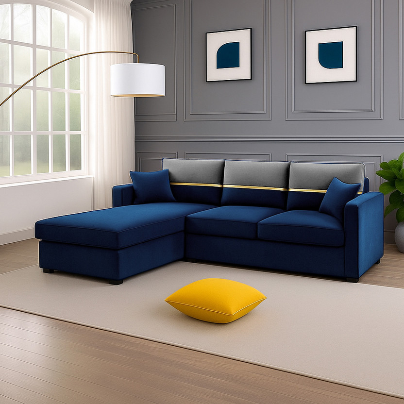 FURNY Arnoy 4 Seater Fabric LHS L Shape Sofa Set for Living Room Fabric 4 Seater  Sofa(Finish Color - Blue, DIY(Do-It-Yourself))