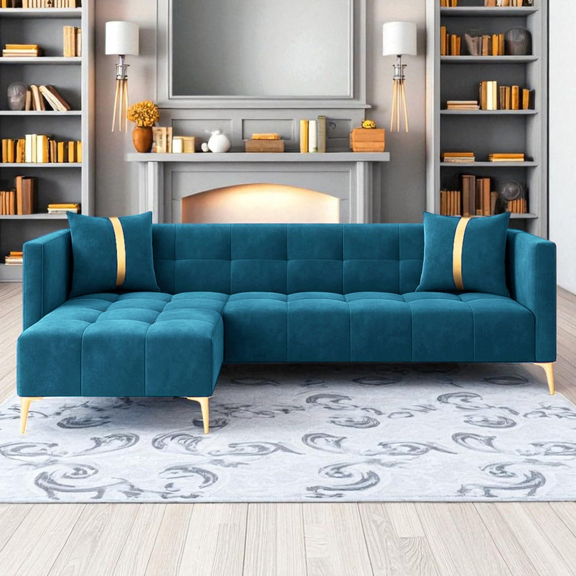 FURNY Styliving 4 Seater Fabric LHS L Shape Sofa Set for Living Room Fabric 4 Seater  Sofa(Finish Color - Aqua Blue, DIY(Do-It-Yourself))