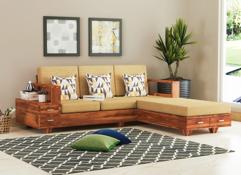 saamenia furnitures Solid Sheesham Wood L Shapes 5 Seater Sofa With Storage For Living Room / Hotel. Fabric 5 Seater  Sofa(Finish Color - Natural Finish, DIY(Do-It-Yourself))
