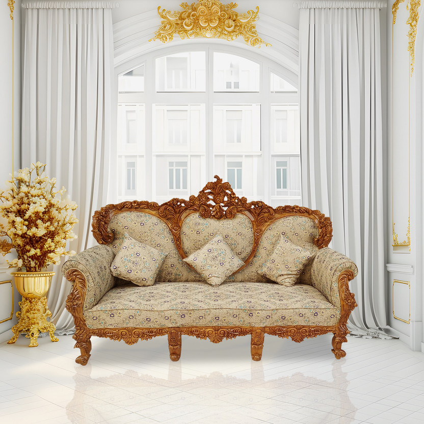 Wood Master Sre Teak Wood Sofa Set with Cushion for Living Room Bedroom Fabric 3 Seater  Sofa(Finish Color - Brown, Pre-assembled)