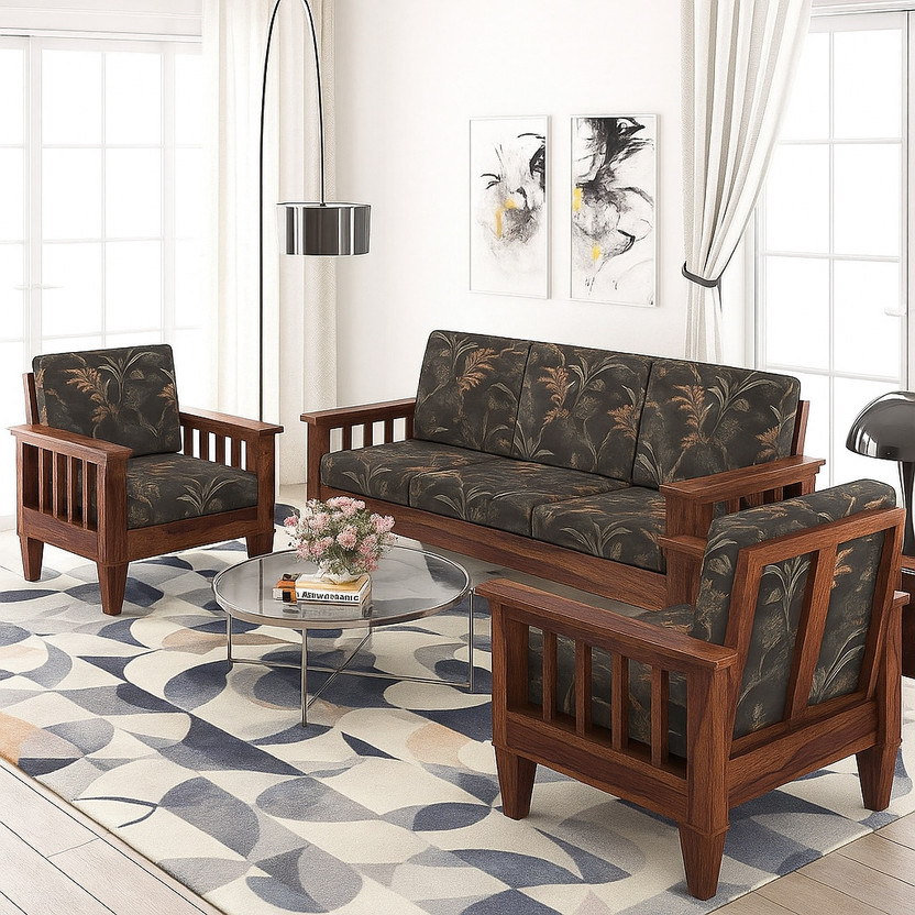Kendalwood Furniture Solid Wood 5 Seater Wooden Sofa set for living Room Furniture Fabric 3 + 2 + 1 Sofa Set(Natural Finish with Grey Printed Cushions, DIY(Do-It-Yourself))