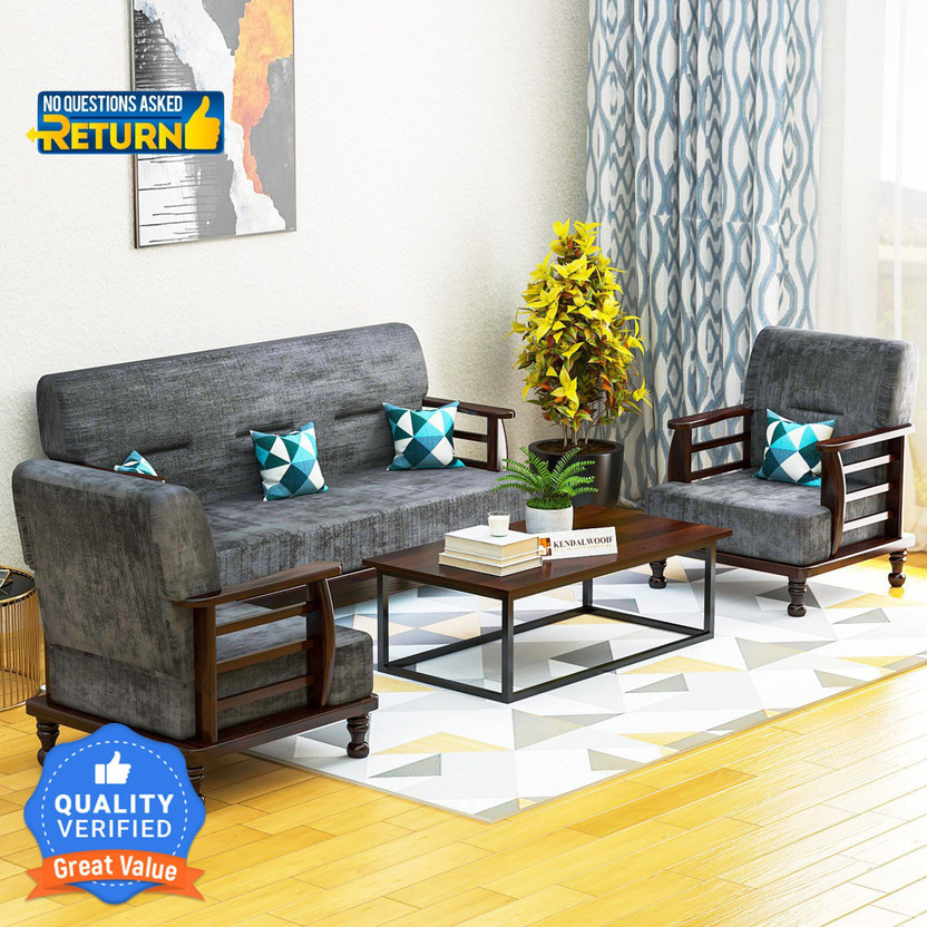 Kendalwood Furniture Solid Wood for living Room Furniture Fabric 3 + 1 + 1 Sofa Set(Natural Teak Finish With Gray Cushion, Pre-assembled)