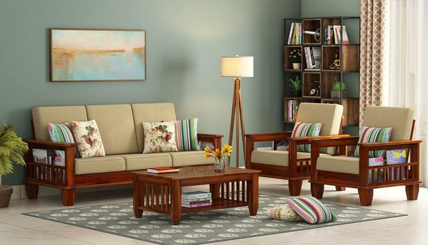 HIGH CHOICE WOODEN ART HCWA Solid Wood 5 Seater Sofa Set For Living Room / Hotel / Cafe Fabric 3 + 1 + 1 Sofa Set(Teak, DIY(Do-It-Yourself))