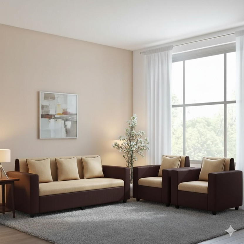 Kendalwood Furniture fabric for living room Fabric 3 + 1 + 1 Sofa Set(Brown & Cream, Pre-assembled)