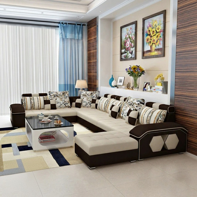 Torque Silvester U Shape Fabric with 4 Puffy Fabric 3 + 2 + 2 + 1 Sofa Set(Cream - Brown, DIY(Do-It-Yourself))