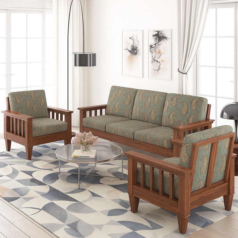 Kendalwood Furniture Solid Wood 5 Seater Wooden Sofa set for living Room Furniture Fabric 3 + 1 + 1 Sofa Set(Natural Finish with Light Grey Printed Cushions, DIY(Do-It-Yourself))