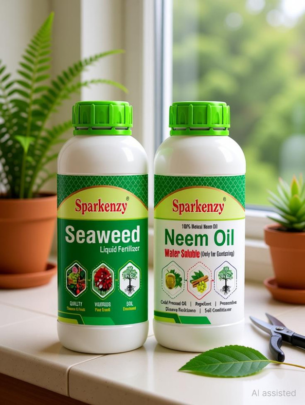 SparKenzy Pure Seaweed Extract 250ml -Neem oil 250ml Organic and Water Soluble Fertilizer, Potting Mixture(0.5 L, Liquid)