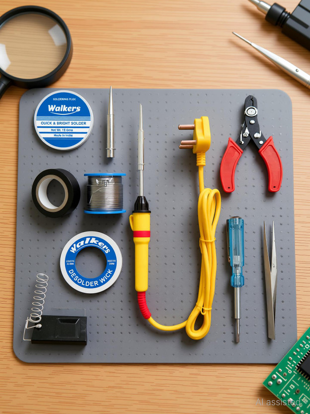 Walkers Beginners 10in1 Mobile Soldering Iron Equipment Tool Machine Combo Kit Set with Flux Paste and Wire 25 W Simple(Flat, Pointed Tip)