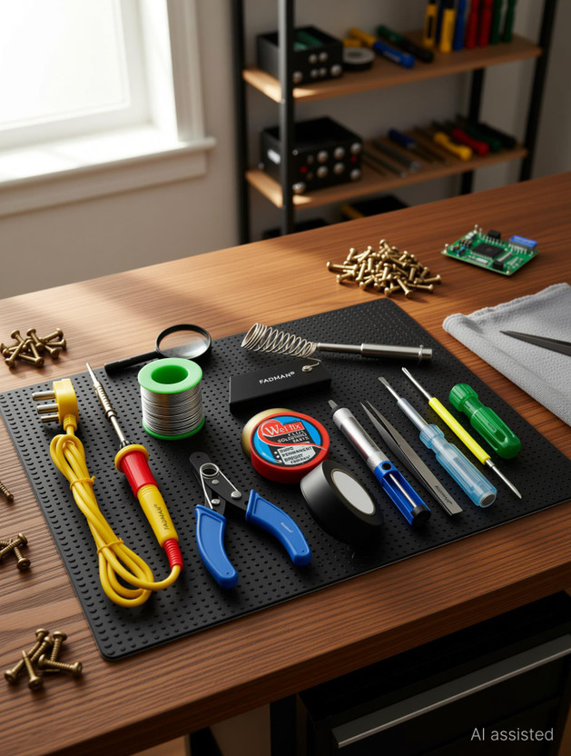 FADMAN Basic Complete Part Type-12 Soldering Iron Kit | Wire Cutter | Stand | Solder Wire | Tweezer | Soldering Flux | Soldering Bit | Tester| Desoldering Pump | Magnifying Glass | Electric Tape | 2IN1 Screw Driver | Soldering Iron 25 W Simple(Flat Tip)