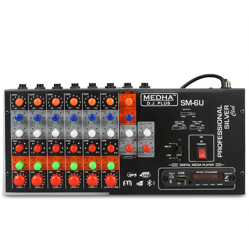 MEDHA D.J. PLUS Profressional SM-6U with built in USB Media Player 6 Channel Sterio Echo Analog Sound Mixer