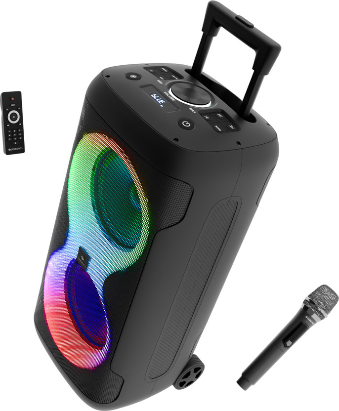 ZEBRONICS ZEBRONICS Party Fyre 120, 7H Playback, LED, Wireless Mic, 9 RGB Modes,handle and wheels 120 W Bluetooth Party Speaker(Black, Mono Channel) - Flipkart Deal