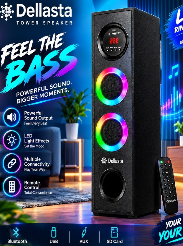 dellasta Rage DJ Tower Speaker Music System Music System 120 W Bluetooth Home Theatre(Black, 2.1 Channel)